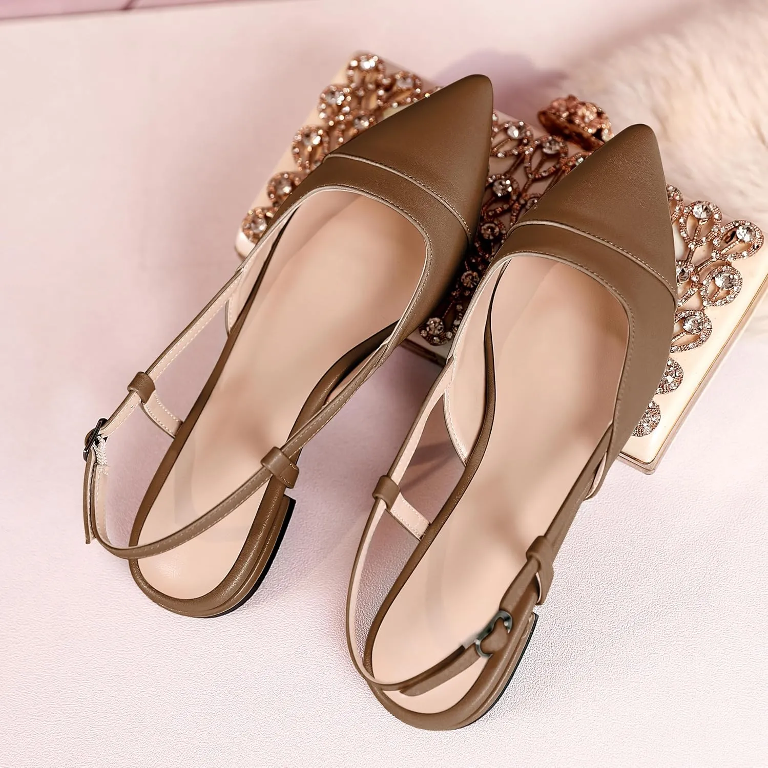 Soireelady Women's Slingback Flats, Closed Pointed Toe 2CM Ballet Flats, Cap Toe Comfortable Casual Flat Office Dressy Shoes
