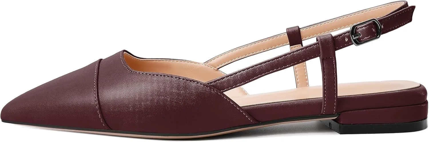 Soireelady Women's Slingback Flats, Closed Pointed Toe 2CM Ballet Flats, Cap Toe Comfortable Casual Flat Office Dressy Shoes