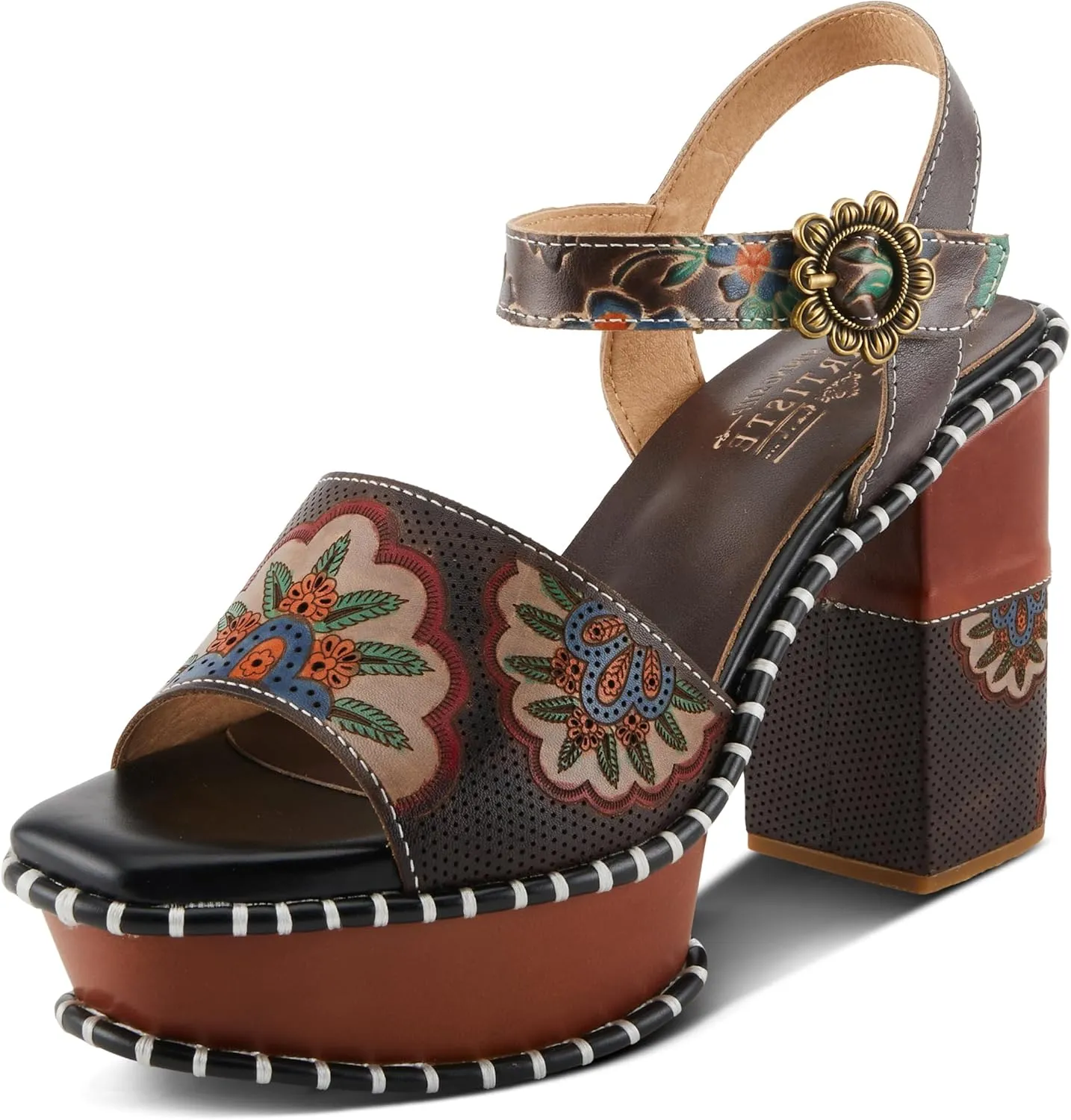 Spring Step L'Artiste Women's GOGETEM Retro Platform Sandals - Hand-Painted Flower Design, Decorative Floral Buckle