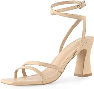 Strappy Heels for Women Chunky Block High Heels Square Toe Ankle Buckle Sandals wedding dress shoes