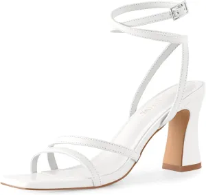 Strappy Heels for Women Chunky Block High Heels Square Toe Ankle Buckle Sandals wedding dress shoes