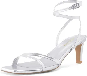 Strappy Heels for Women Chunky Heel Summer Square Toe Heeled Sandals Comfortable Adjustable Buckle Ankle Strap Sexy Dressy Shoes Party Wedding