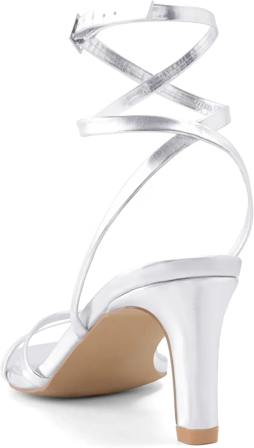 Strappy Heels for Women Chunky Heel Summer Square Toe Heeled Sandals Comfortable Adjustable Buckle Ankle Strap Sexy Dressy Shoes Party Wedding
