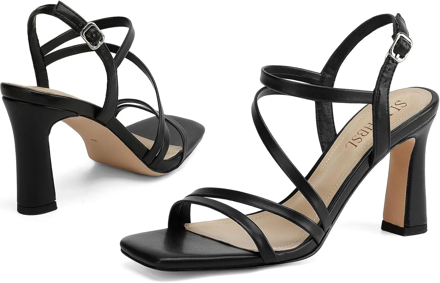 Strappy Heels for Women Dressy Heeled Sandals Square Toe Heels with Ankle Strap Chunky High Heels