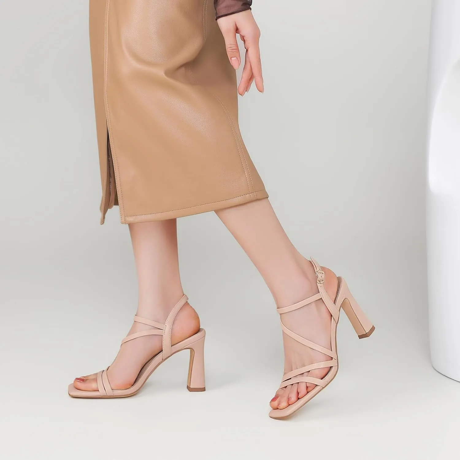 Strappy Heels for Women Dressy Heeled Sandals Square Toe Heels with Ankle Strap Chunky High Heels