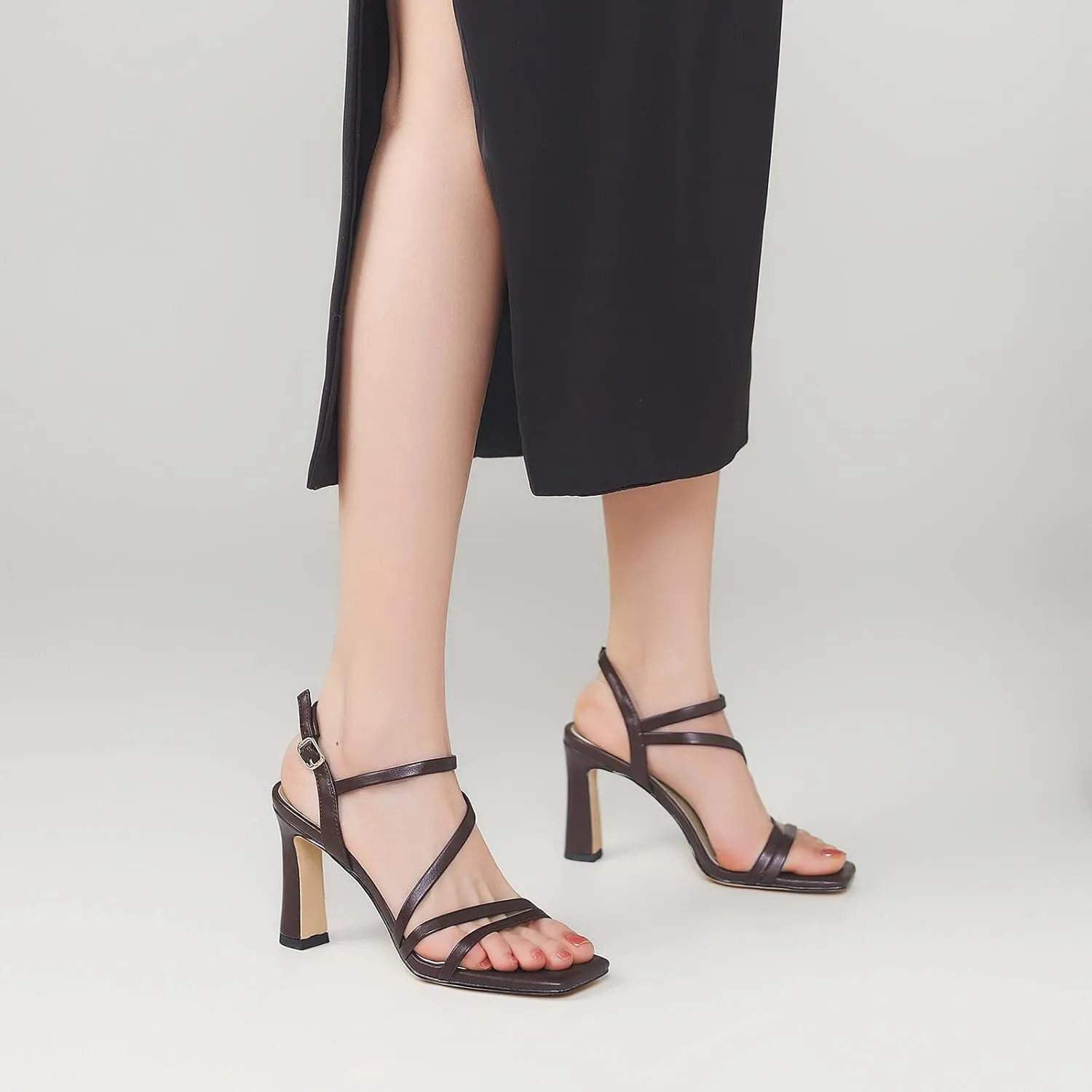 Strappy Heels for Women Dressy Heeled Sandals Square Toe Heels with Ankle Strap Chunky High Heels