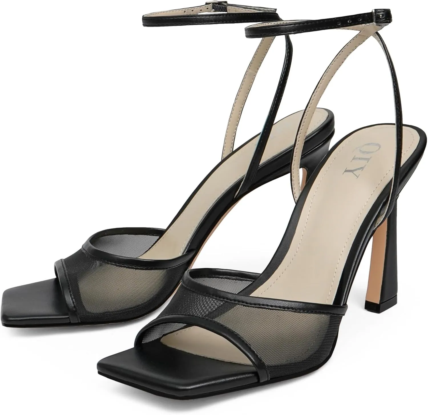 Strappy Heels for Women Heeled Sandals Square Toe Heel Ankle Strap Stiletto Mesh High Heels Dress Shoes