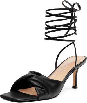 Strappy Heels for Women Lace Up Heels Tie Up Stiletto High Heeled Sandals Matte with Pleat Square Open Toe Heels for Prom Party 2.5 Inch