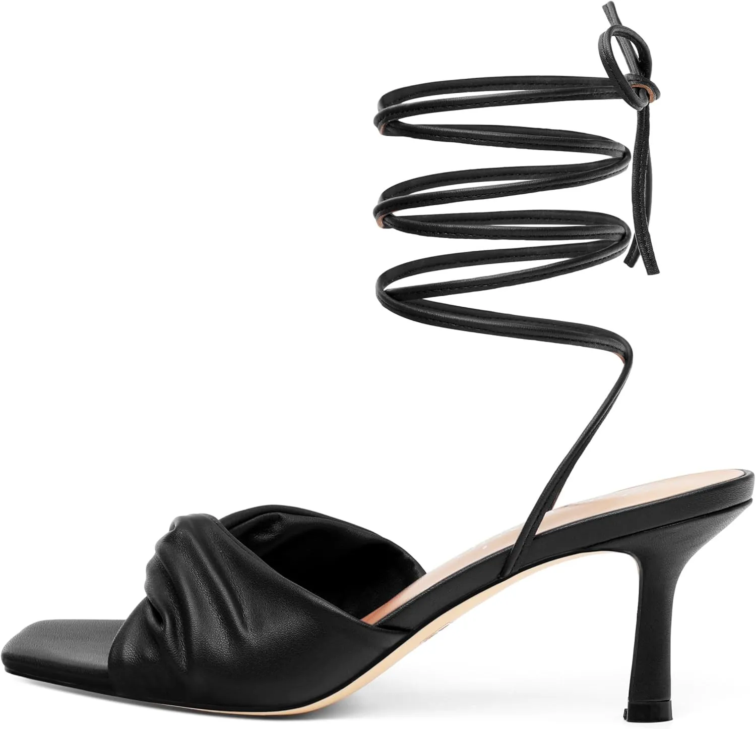 Strappy Heels for Women Lace Up Heels Tie Up Stiletto High Heeled Sandals Matte with Pleat Square Open Toe Heels for Prom Party 2.5 Inch