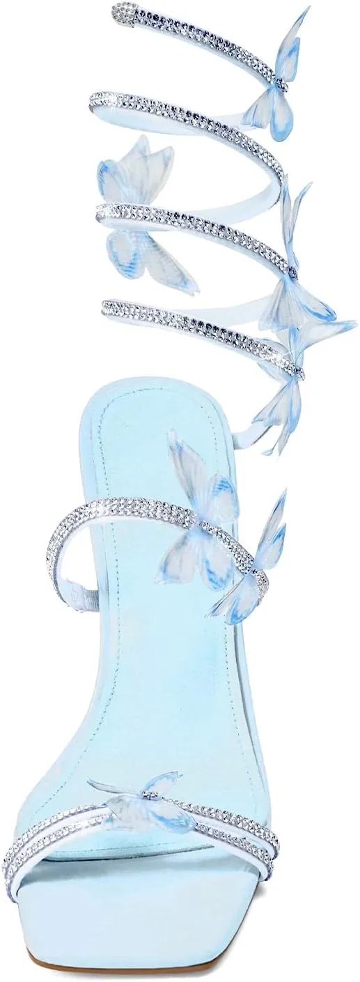 Strappy Heels for Women Rhinestone Crystal High Block Heeled Sandals Square Open Toe Sparkly Dress Prom Heels Shoes for Party Wedding