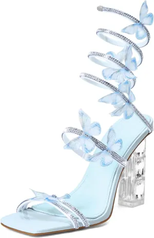 Strappy Heels for Women Rhinestone Crystal High Block Heeled Sandals Square Open Toe Sparkly Dress Prom Heels Shoes for Party Wedding