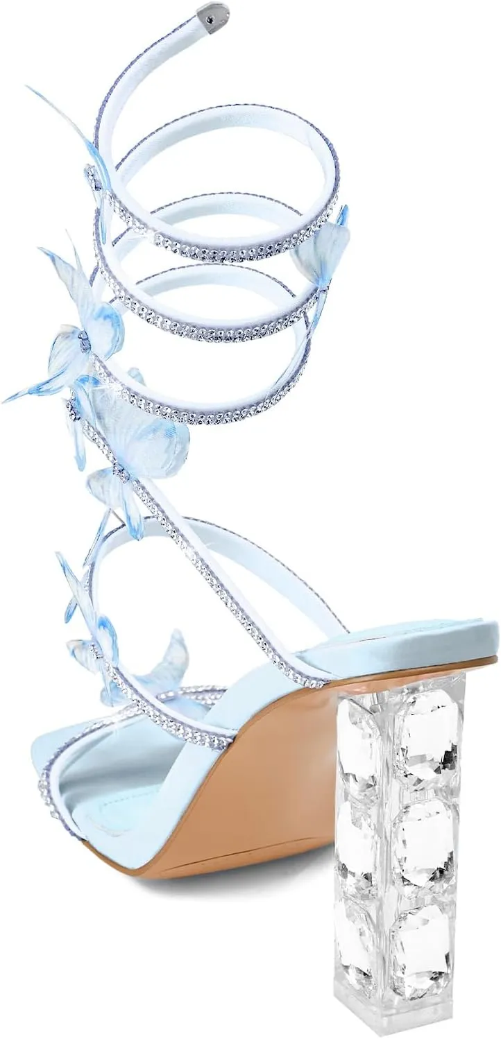 Strappy Heels for Women Rhinestone Crystal High Block Heeled Sandals Square Open Toe Sparkly Dress Prom Heels Shoes for Party Wedding