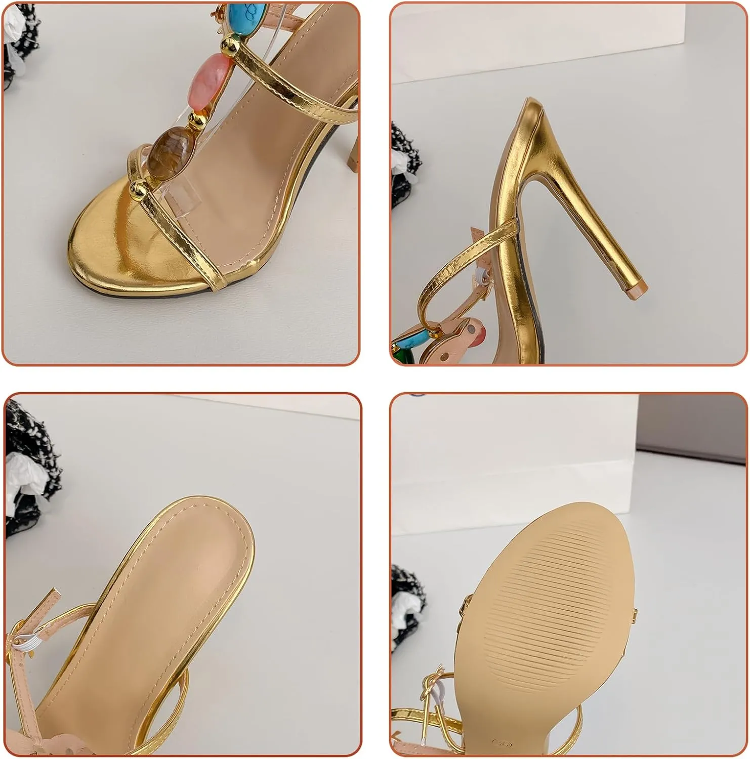 Strappy Heels for Women Round Open Toe Ankle Strap Gladiator Stiletto Heeled Sandals T Strap Party Dress Shoes