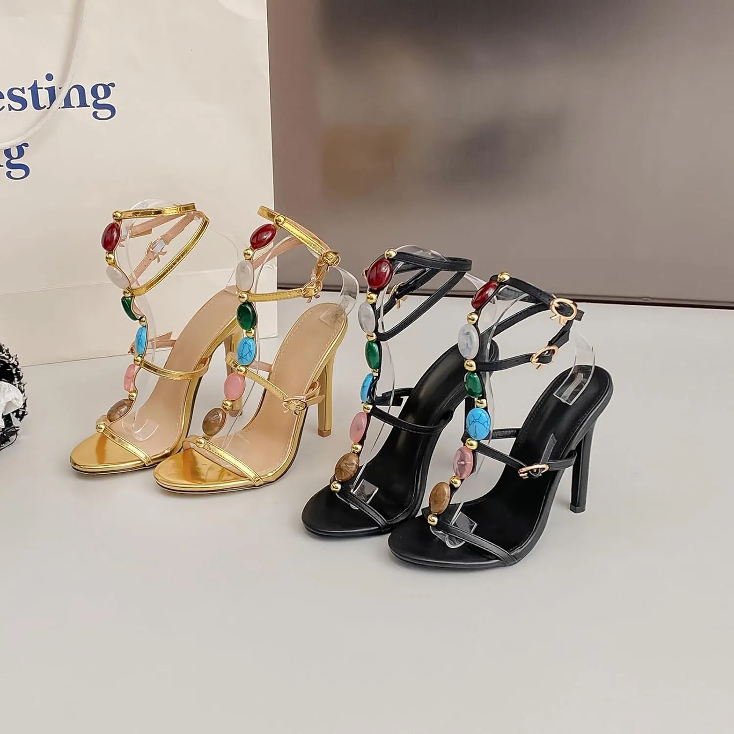 Strappy Heels for Women Round Open Toe Ankle Strap Gladiator Stiletto Heeled Sandals T Strap Party Dress Shoes