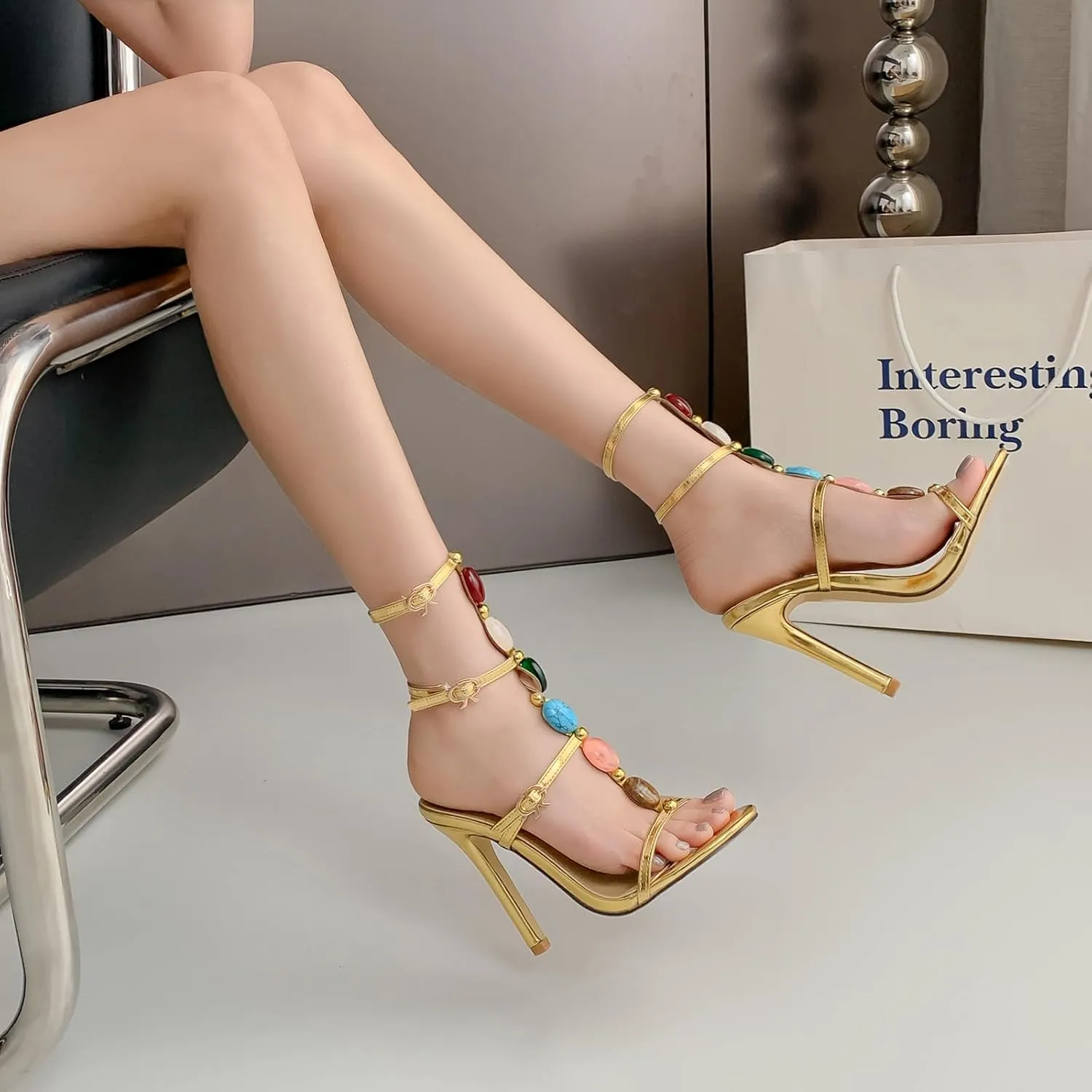 Strappy Heels for Women Round Open Toe Ankle Strap Gladiator Stiletto Heeled Sandals T Strap Party Dress Shoes