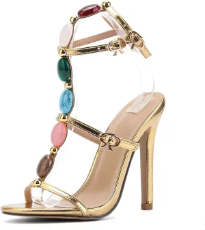 Strappy Heels for Women Round Open Toe Ankle Strap Gladiator Stiletto Heeled Sandals T Strap Party Dress Shoes