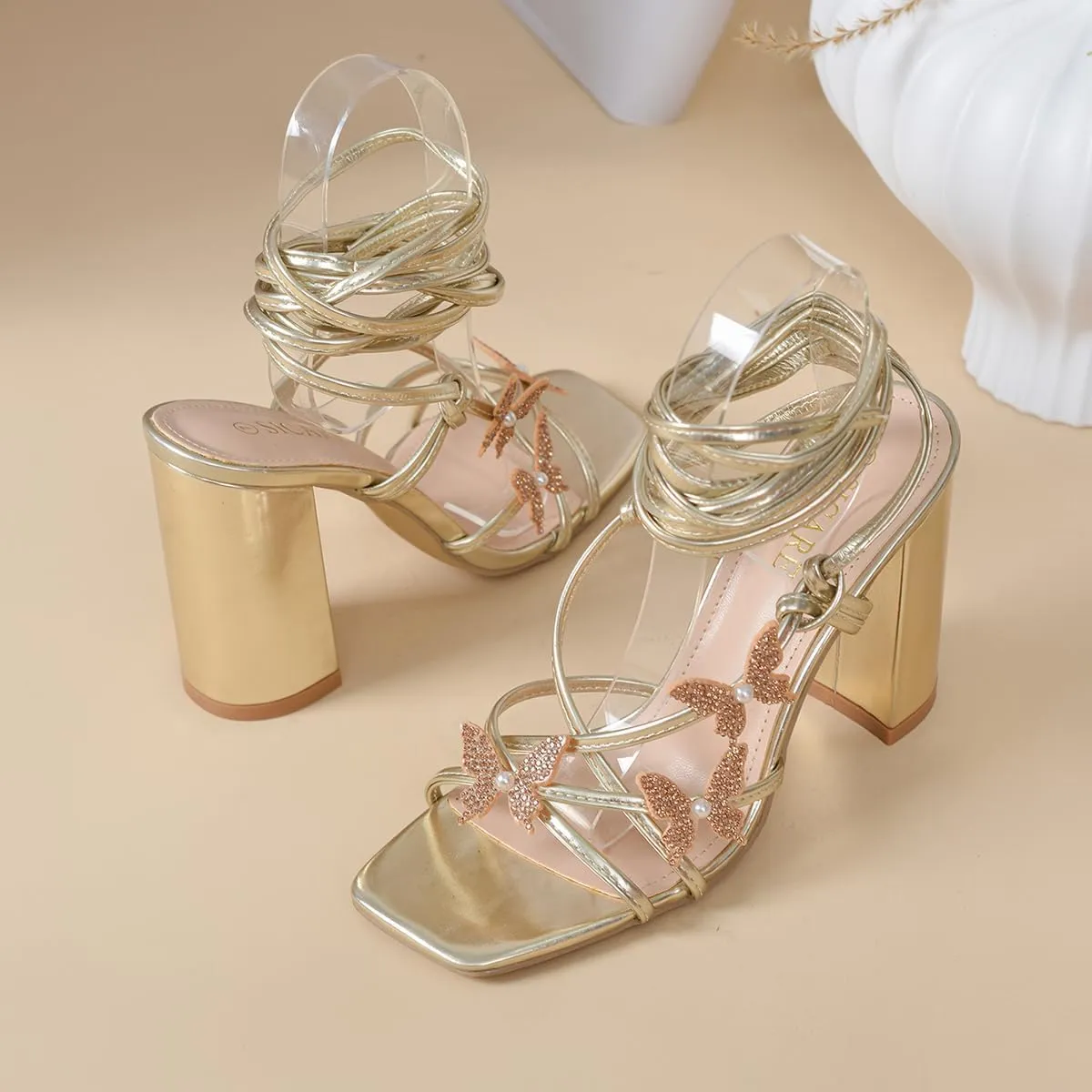 Strappy Heels for Women Sexy Lace Up Chunky High Heels Sandals Square Open Toe Heels with Bow White Black Gold Silver Tie Up Block Heels for Party, Prom, Evening