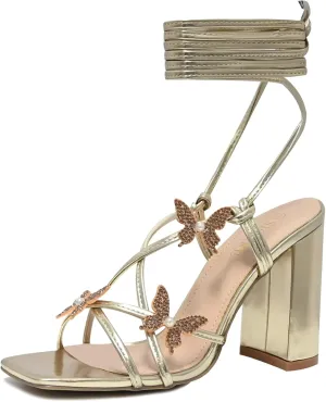 Strappy Heels for Women Sexy Lace Up Chunky High Heels Sandals Square Open Toe Heels with Bow White Black Gold Silver Tie Up Block Heels for Party, Prom, Evening