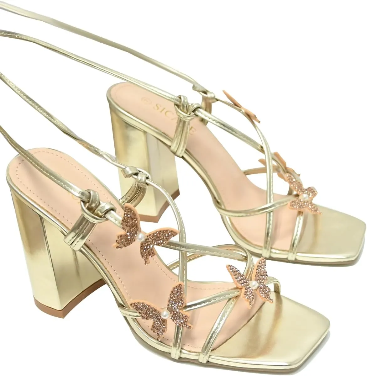 Strappy Heels for Women Sexy Lace Up Chunky High Heels Sandals Square Open Toe Heels with Bow White Black Gold Silver Tie Up Block Heels for Party, Prom, Evening