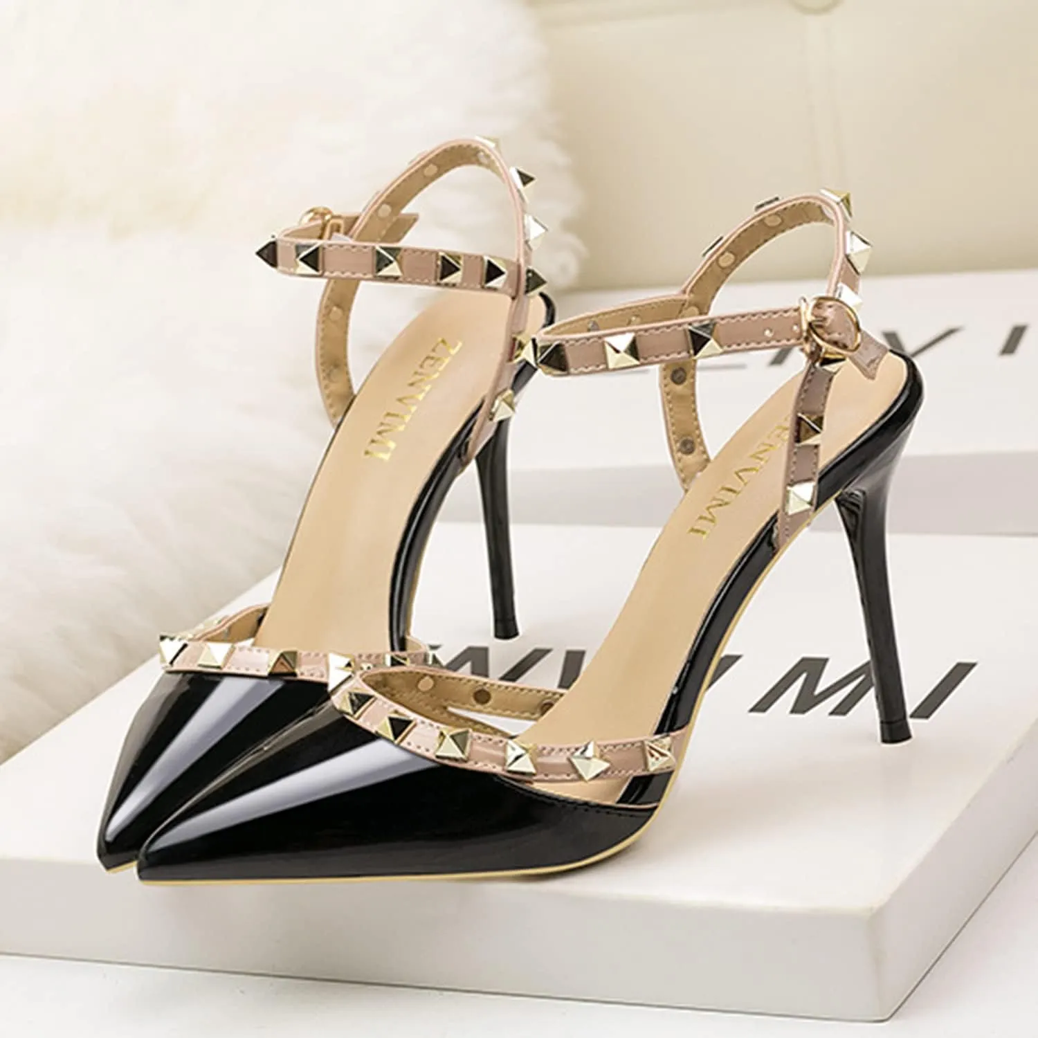 Studded Heels for Women Rivet T-Strap Slingback Wedding Stiletto High Heels Pointed Toe Bridal Daily Wear Sandals 3.5 Inch