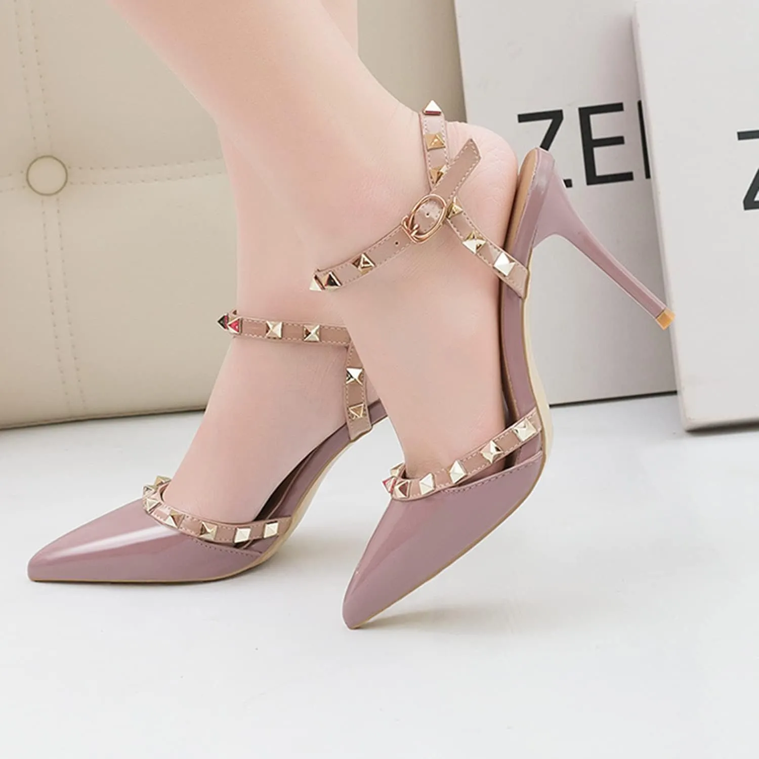 Studded Heels for Women Rivet T-Strap Slingback Wedding Stiletto High Heels Pointed Toe Bridal Daily Wear Sandals 3.5 Inch