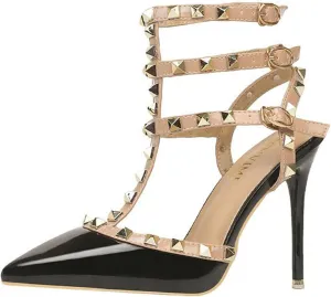 Studded Heels for Women Rivet T-Strap Slingback Wedding Stiletto High Heels Pointed Toe Bridal Daily Wear Sandals 3.5 Inch