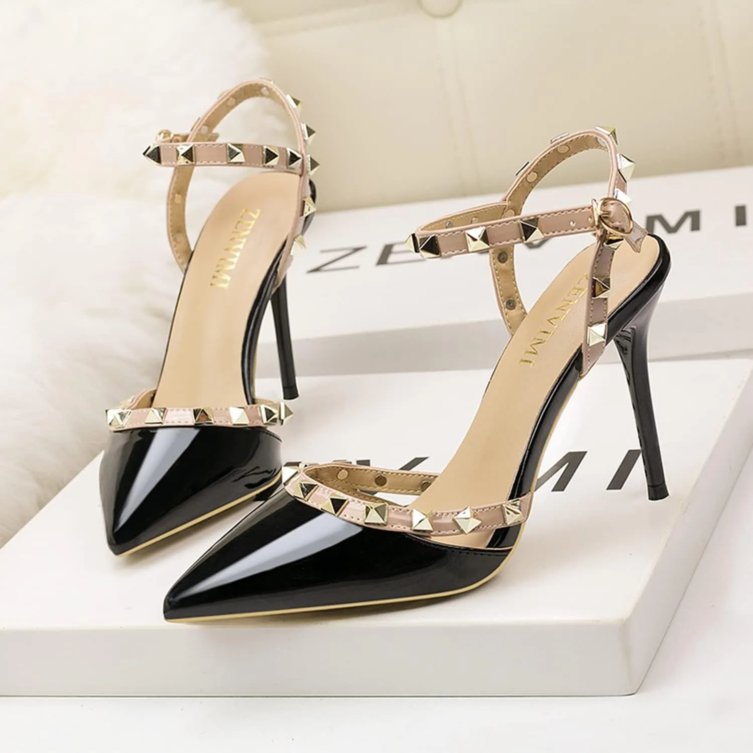 Studded Heels for Women Rivet T-Strap Slingback Wedding Stiletto High Heels Pointed Toe Bridal Daily Wear Sandals 3.5 Inch