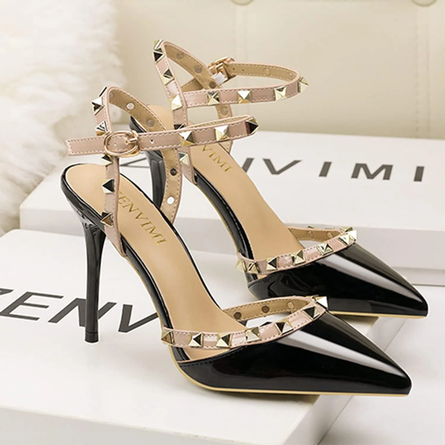 Studded Heels for Women Rivet T-Strap Slingback Wedding Stiletto High Heels Pointed Toe Bridal Daily Wear Sandals 3.5 Inch