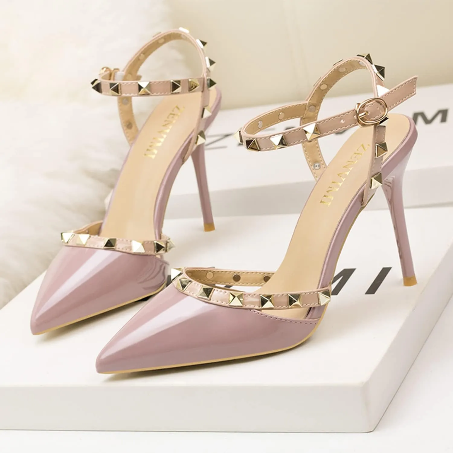 Studded Heels for Women Rivet T-Strap Slingback Wedding Stiletto High Heels Pointed Toe Bridal Daily Wear Sandals 3.5 Inch