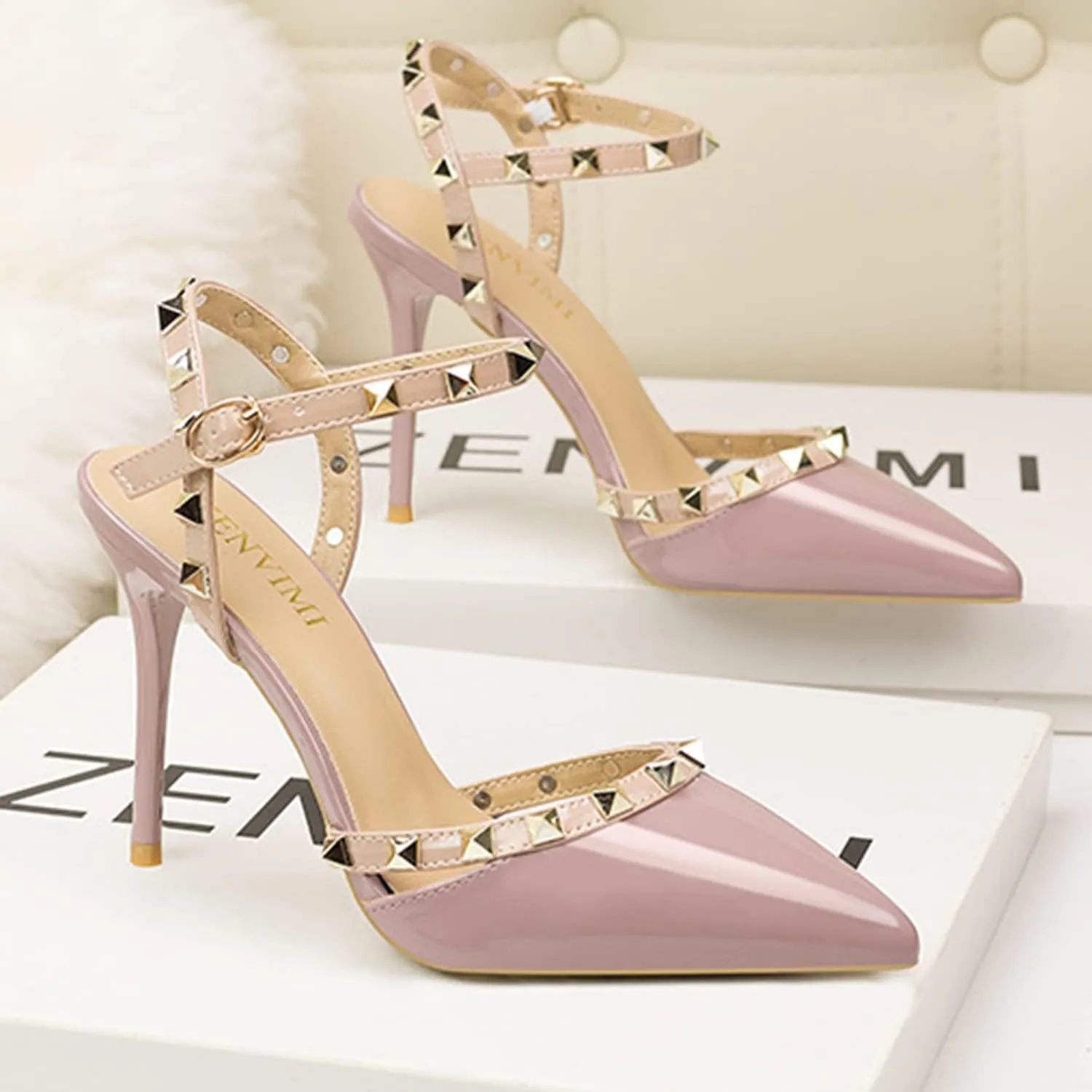 Studded Heels for Women Rivet T-Strap Slingback Wedding Stiletto High Heels Pointed Toe Bridal Daily Wear Sandals 3.5 Inch