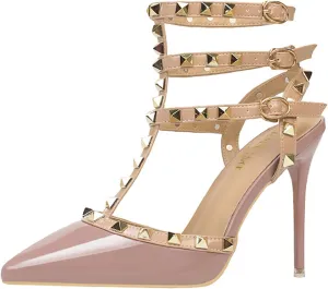 Studded Heels for Women Rivet T-Strap Slingback Wedding Stiletto High Heels Pointed Toe Bridal Daily Wear Sandals 3.5 Inch