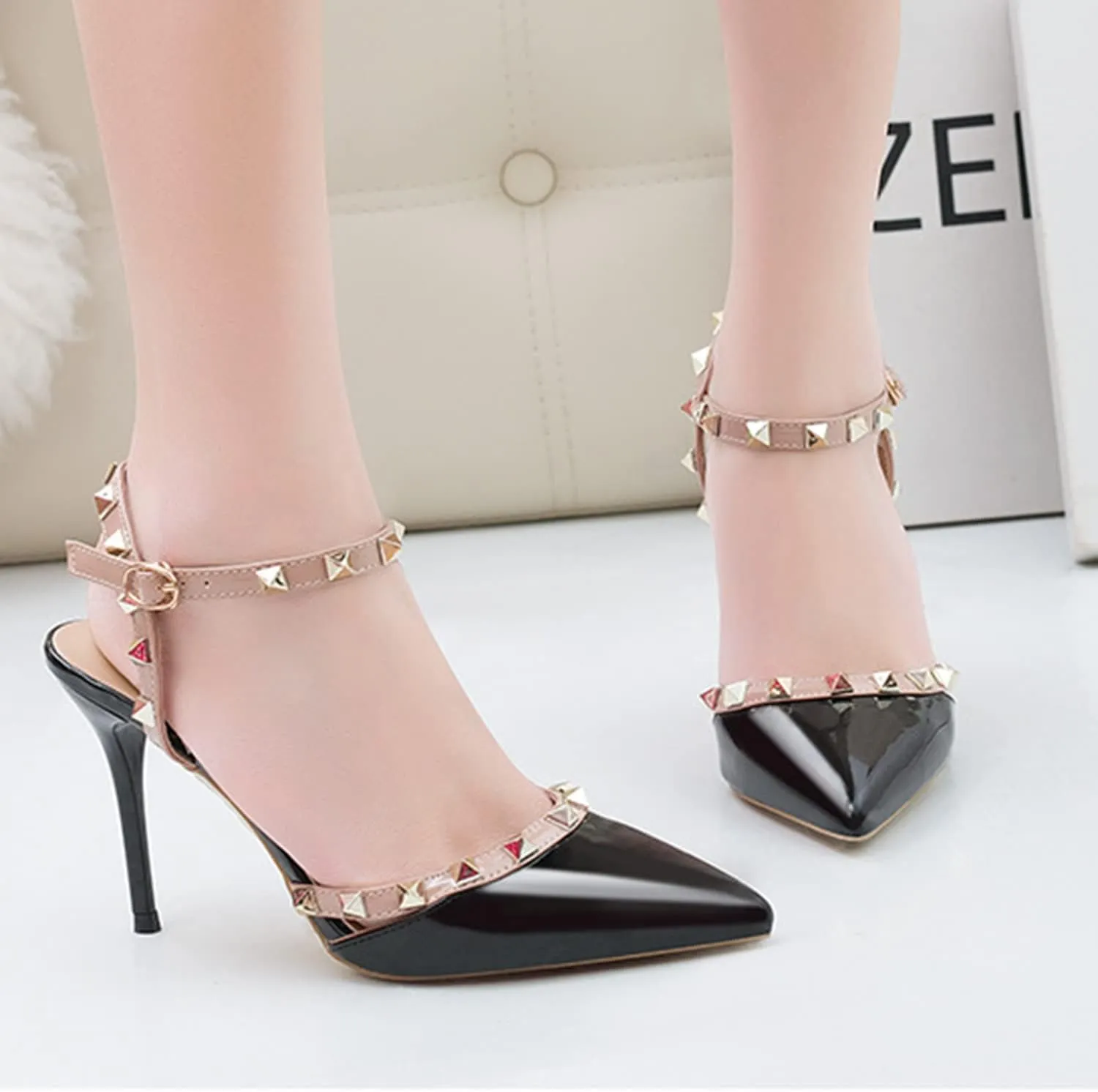 Studded Heels for Women Rivet T-Strap Slingback Wedding Stiletto High Heels Pointed Toe Bridal Daily Wear Sandals 3.5 Inch