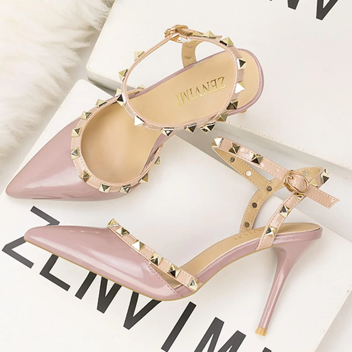 Studded Heels for Women Rivet T-Strap Slingback Wedding Stiletto High Heels Pointed Toe Bridal Daily Wear Sandals 3.5 Inch