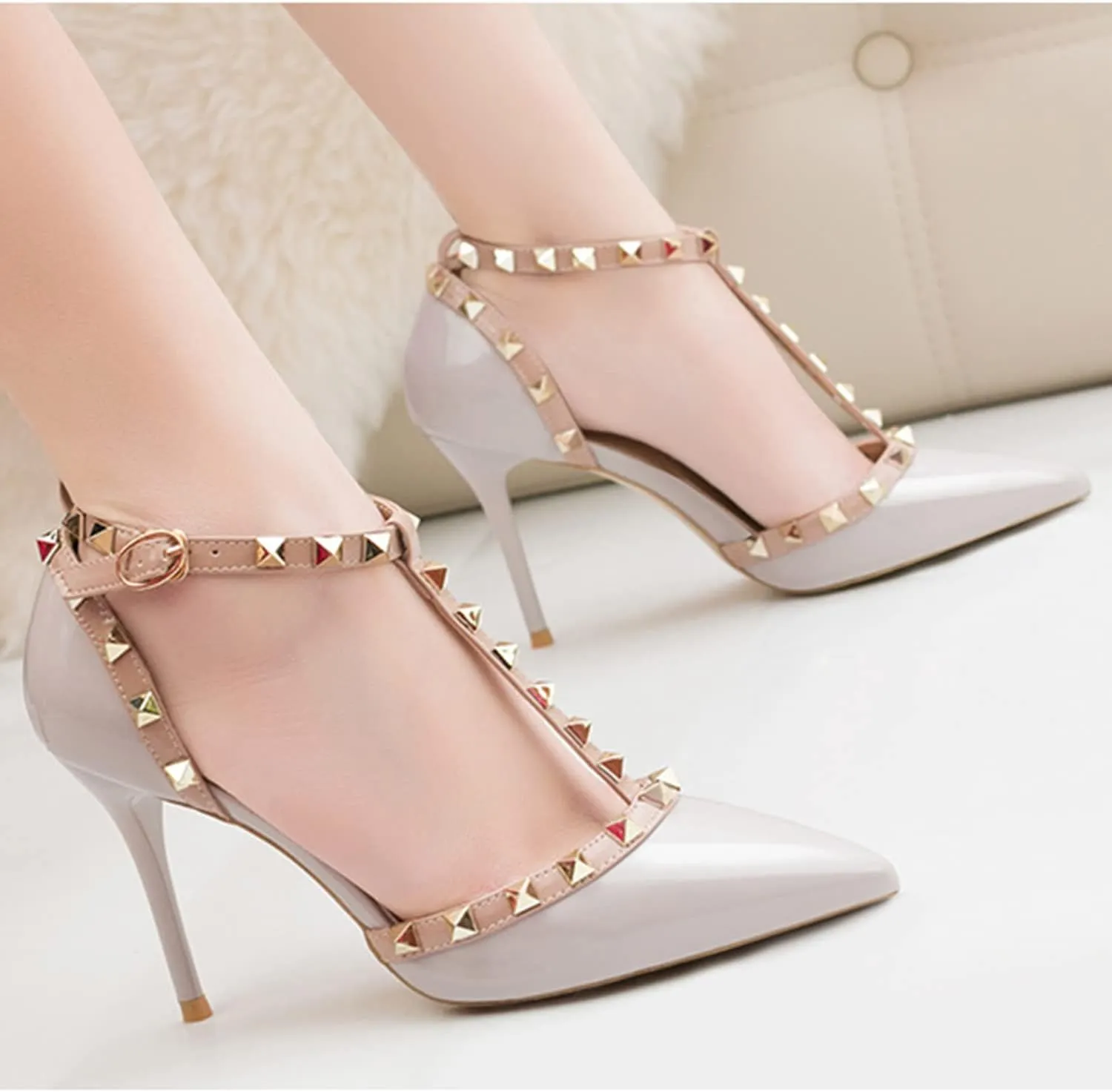 Studded Heels for Women Rivet T-Strap Wedding Stiletto High Heels Pointed Toe Bridal Daily Wear Sandals 3.5 Inch Mid Kitten Heel