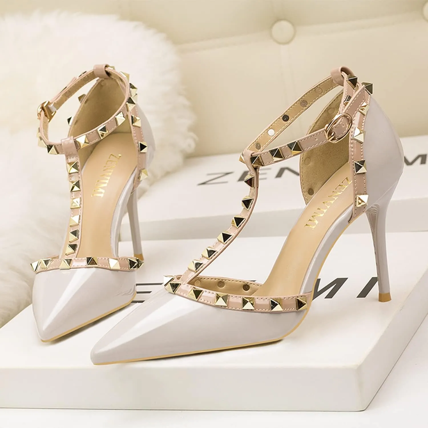 Studded Heels for Women Rivet T-Strap Wedding Stiletto High Heels Pointed Toe Bridal Daily Wear Sandals 3.5 Inch Mid Kitten Heel