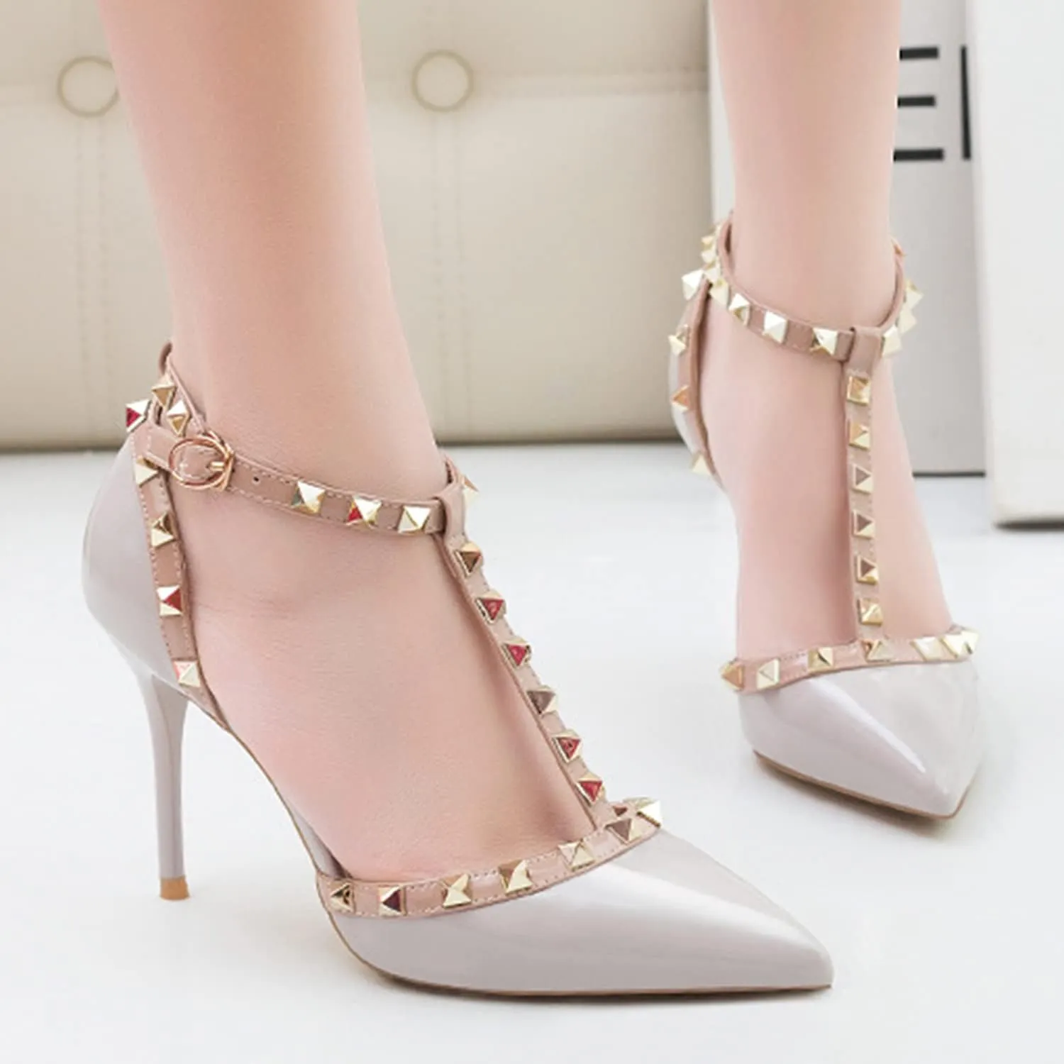 Studded Heels for Women Rivet T-Strap Wedding Stiletto High Heels Pointed Toe Bridal Daily Wear Sandals 3.5 Inch Mid Kitten Heel