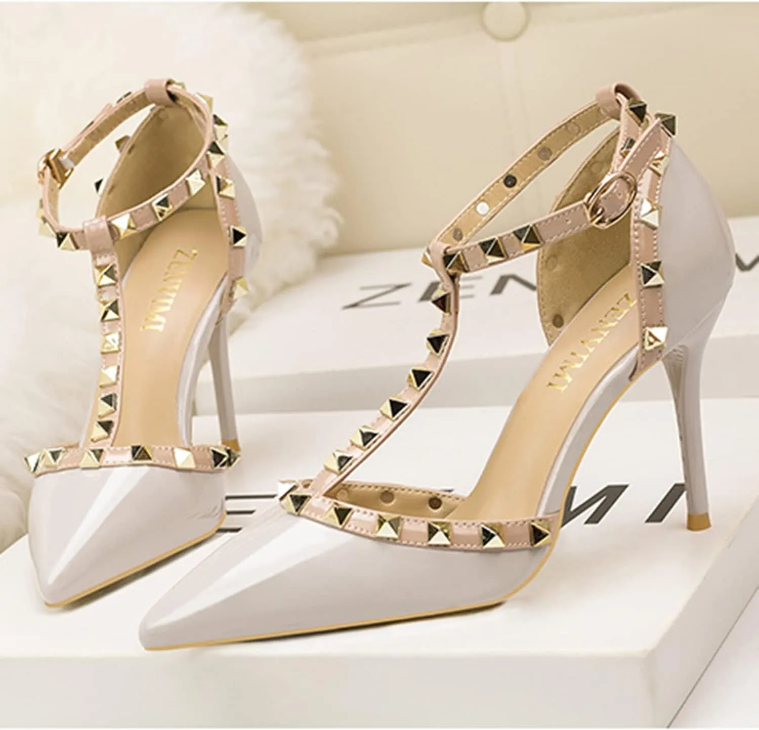 Studded Heels for Women Rivet T-Strap Wedding Stiletto High Heels Pointed Toe Bridal Daily Wear Sandals 3.5 Inch Mid Kitten Heel