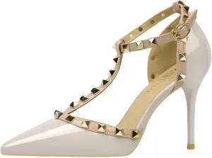 Studded Heels for Women Rivet T-Strap Wedding Stiletto High Heels Pointed Toe Bridal Daily Wear Sandals 3.5 Inch Mid Kitten Heel