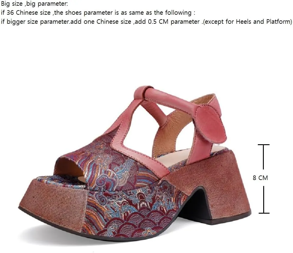 Summer New Retro National Style Slim Chunky Sole Platform Narrow Band Printing Flowers Genuine Leather Women Gladiator Sandals 50303