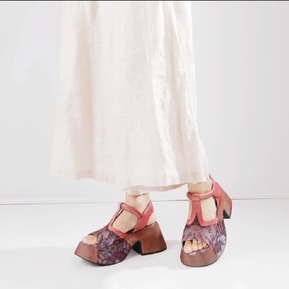 Summer New Retro National Style Slim Chunky Sole Platform Narrow Band Printing Flowers Genuine Leather Women Gladiator Sandals 50303