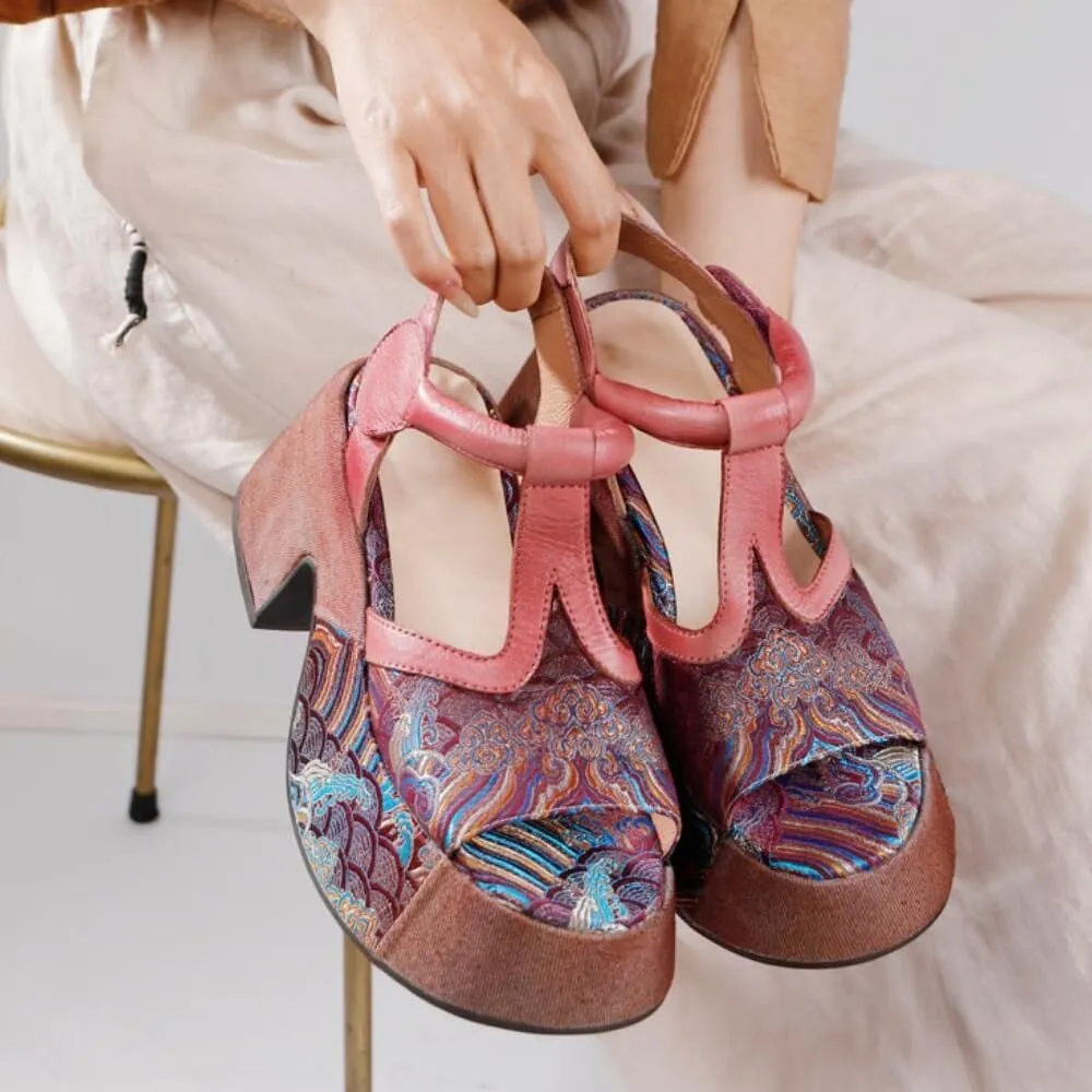 Summer New Retro National Style Slim Chunky Sole Platform Narrow Band Printing Flowers Genuine Leather Women Gladiator Sandals 50303