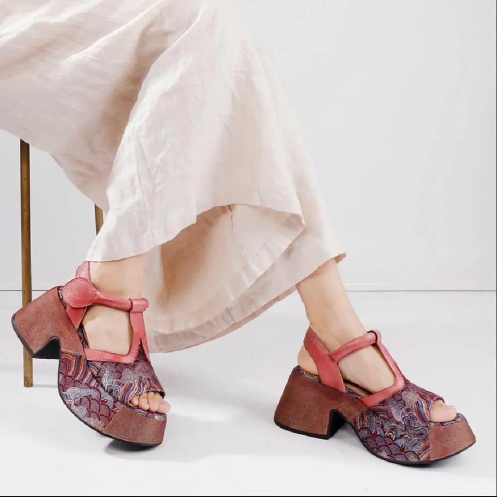 Summer New Retro National Style Slim Chunky Sole Platform Narrow Band Printing Flowers Genuine Leather Women Gladiator Sandals 50303