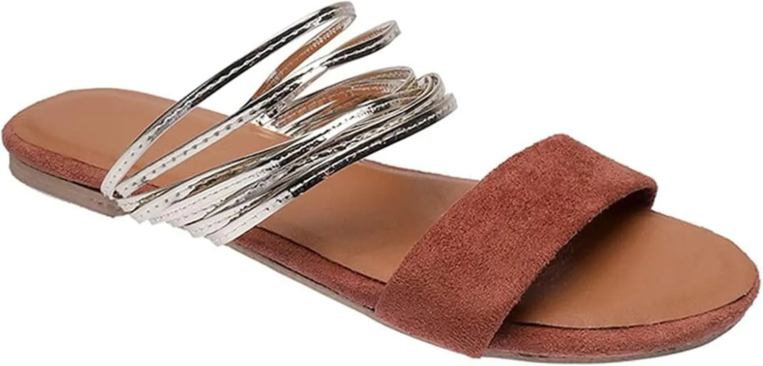 Summer Sandals for Women 2024 Strappy Sandals for Women Women's Faux Suede Flat Sandals Chain Strap Open Toe Slide Sandal Gold Sandals for Women
