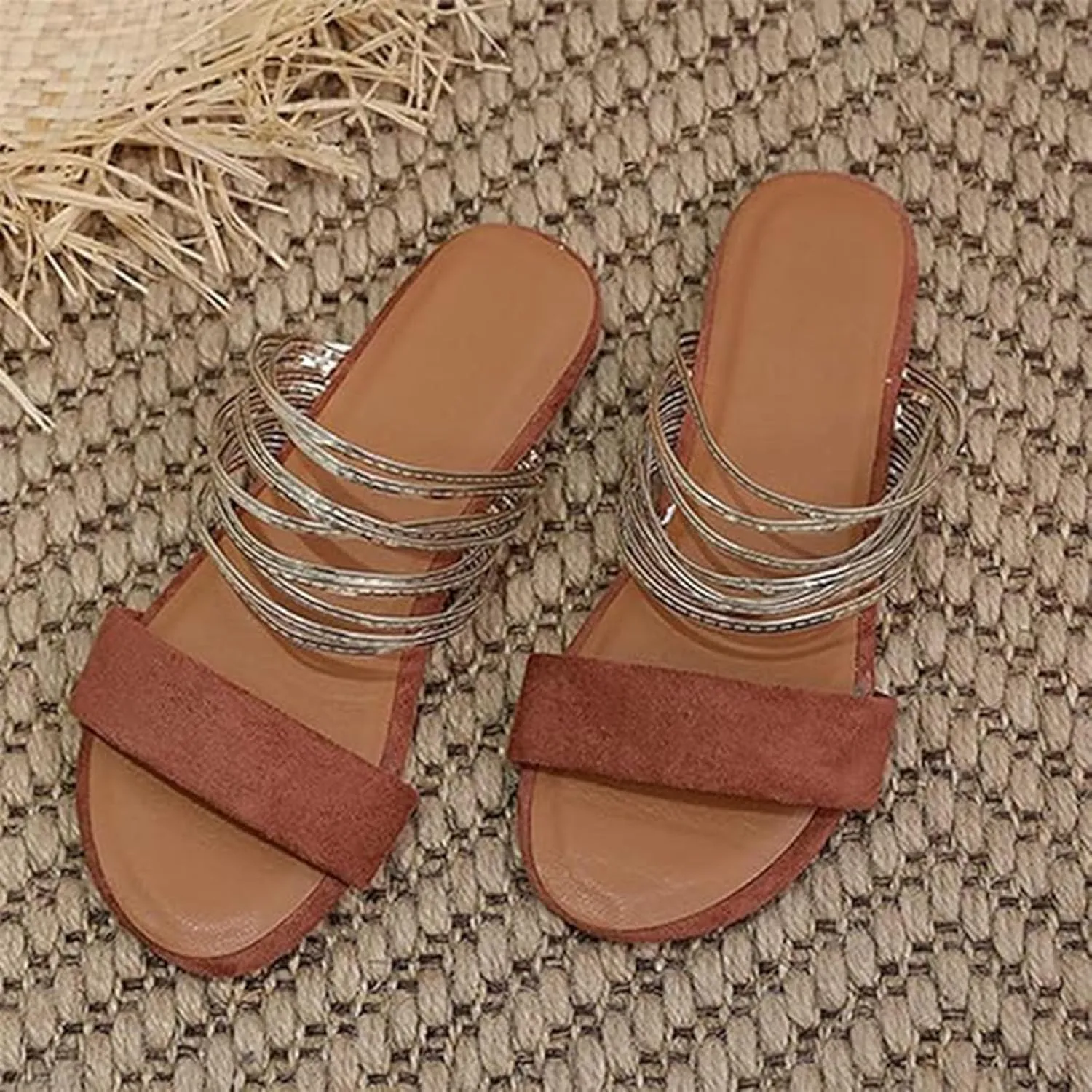 Summer Sandals for Women 2024 Strappy Sandals for Women Women's Faux Suede Flat Sandals Chain Strap Open Toe Slide Sandal Gold Sandals for Women