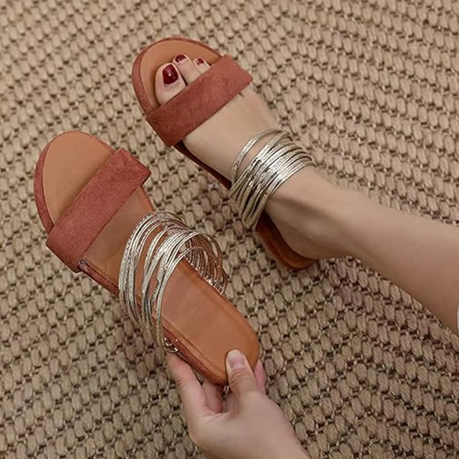Summer Sandals for Women 2024 Strappy Sandals for Women Women's Faux Suede Flat Sandals Chain Strap Open Toe Slide Sandal Gold Sandals for Women