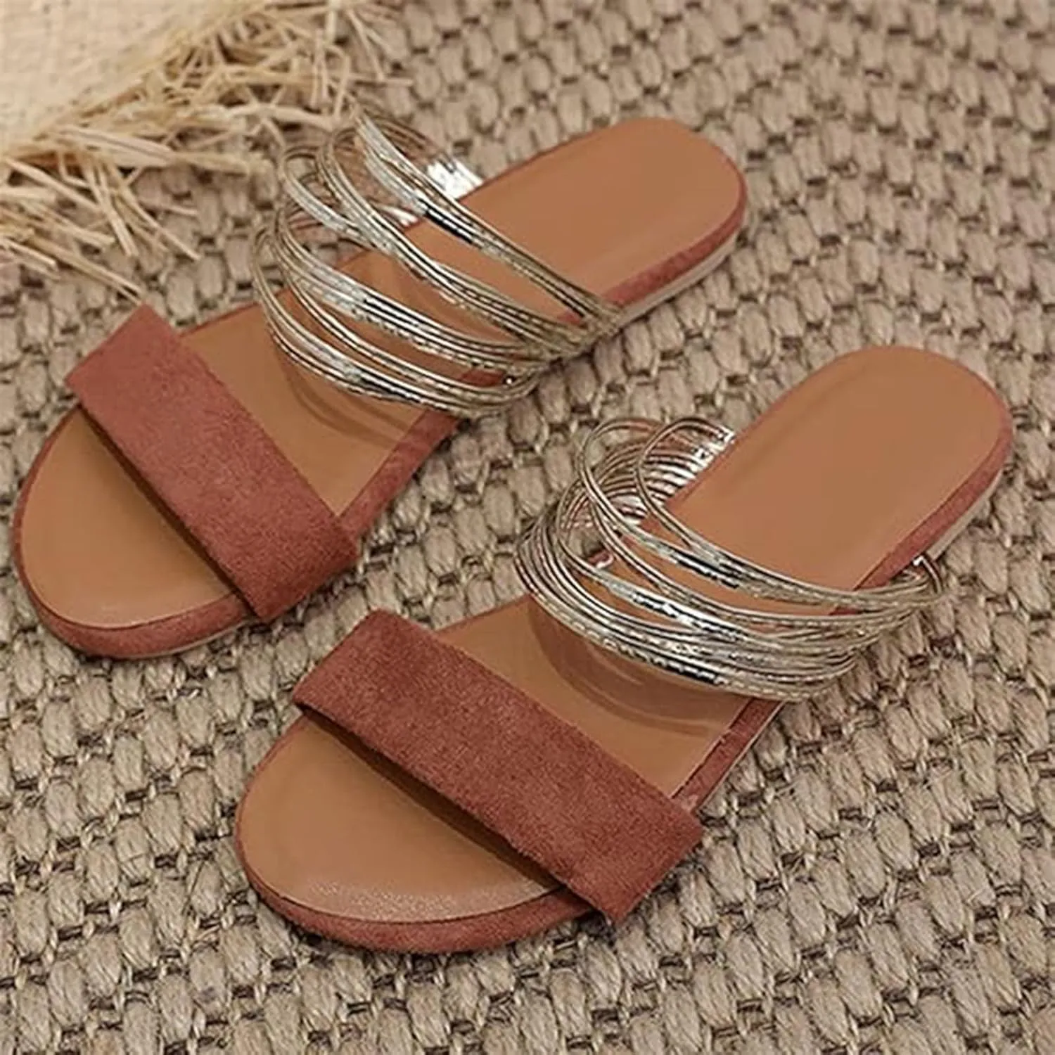 Summer Sandals for Women 2024 Strappy Sandals for Women Women's Faux Suede Flat Sandals Chain Strap Open Toe Slide Sandal Gold Sandals for Women
