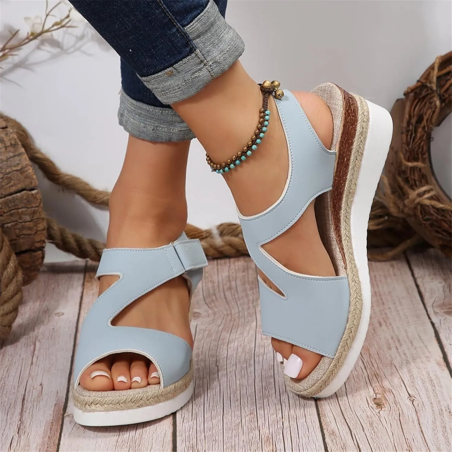 Summer Sandals for Women Dressy Open Toe Sandal Wedges Heels Platform Sandals Buckle Ankle Strap Espadrilles Sandal Comfortable Walking Shoes Casual Vacation Beach Shoes