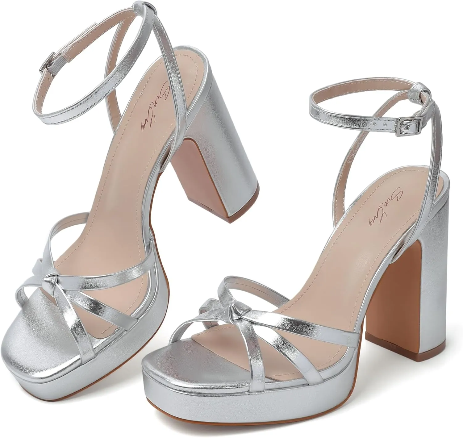sun gurg Strappy Platform Heels for Women Square Open Toe Chunky High Heels Multicolored Ankle Strap Block Heeled Sandals for Prom Wedding Date Night