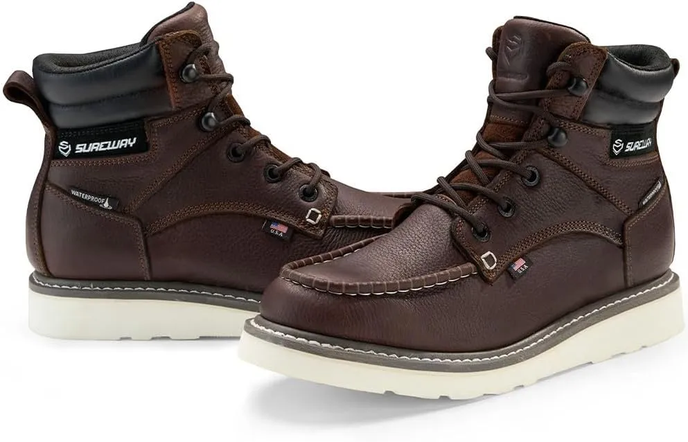 SUREWAY Men 6 Inch Waterproof Soft Toe Work Boots - Moc Toe,Construction Industrial Safety Leather Work Shoes,Oil/Slip Resistant Comfortable Wedge Outsole,EH Rated,Goodyear Welt,Lace Up,Heavy Duty