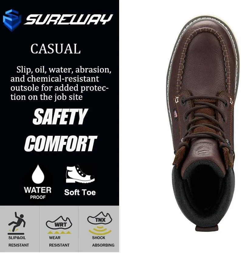 SUREWAY Men 6 Inch Waterproof Soft Toe Work Boots - Moc Toe,Construction Industrial Safety Leather Work Shoes,Oil/Slip Resistant Comfortable Wedge Outsole,EH Rated,Goodyear Welt,Lace Up,Heavy Duty
